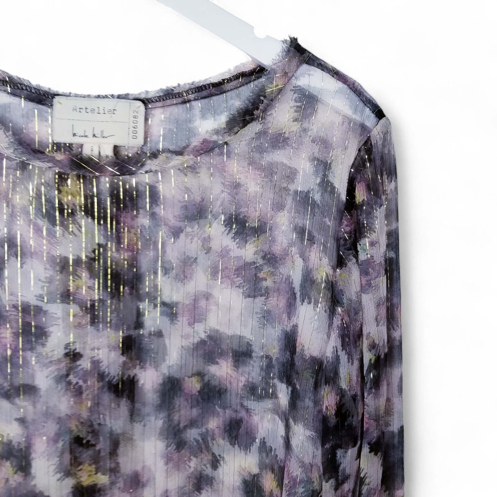 Nicole Miller Artelier 100% Silk Sheer Gold Metal Thread Animal Print Blouse - M